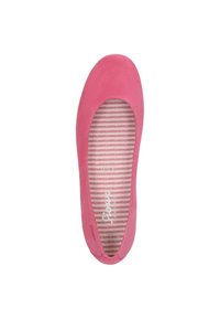 Ballerine rose en textile lisse, à orteil arrondi et semelle intérieure rayée. Pas de matériel ou d'accents visibles. Design à semelle plate.