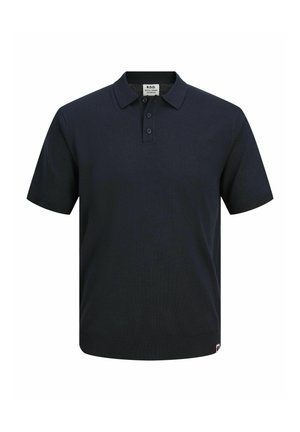 Námornícky modrá polokošeľa s krátkym rukávom, s tromi gombíkmi, rebrovanými manžetami a rovný lem; vyrobená z mäkkej, štruktúrovanej tkaniny.