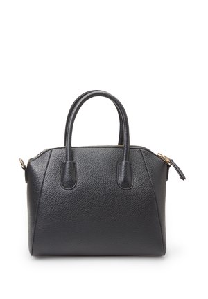Black leather handbag with textured finish, rounded top handles, zipper closure, and gold-tone hardware accents. Medium-sized, structured shape.