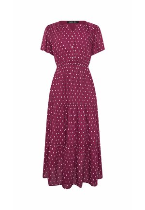 Lilla kortærmet midi-kjole med hvidt rektangulært mønster, knapper foran, elastisk talje og lagdelte skørtpaneler.