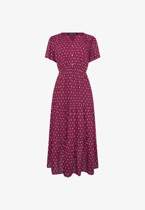 Robe midi mauve à manches courtes avec motif rectangulaire blanc, devant boutonné, taille élastique et panneaux de jupe à volants.
