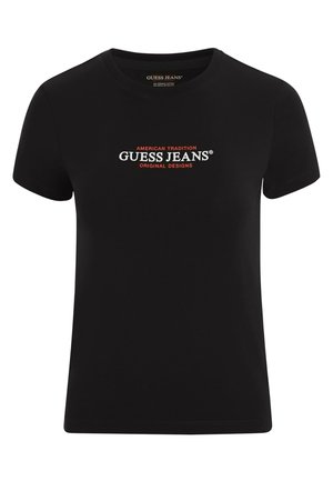 Crna pamučna majica s okruglim izrezom i kratkim rukavima, s bijelim i crvenim logotipom "GUESS JEANS" otisnutim na prednjoj strani.