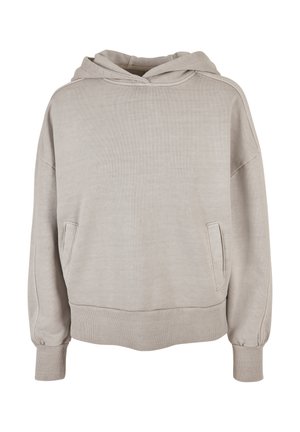 Lichtbeige hoodie gemaakt van zachte stof. Heeft een trekkoordkap, voorkeurszakken, brede mouwen en ribgebreide manchetten en onderrand.