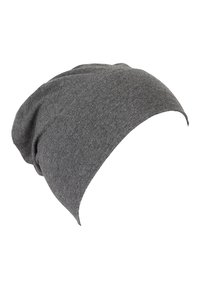 Gray knit beanie hat with a slouchy design. Soft texture and rounded shape, featuring a folded edge and no visible fasteners or patterns.