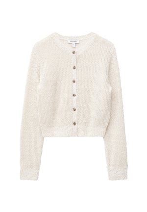 Valge kootud pikkade varrukatega kardigan ümmarguse kaelusega ja kuue pruuni nupuga ees, lühendatud lõikega.