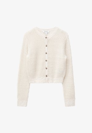 Valge kootud pikkade varrukatega kardigan ümmarguse kaelusega ja kuue pruuni nupuga ees, lühendatud lõikega.