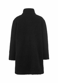 Schwarze, strukturierte Fleece-Jacke mit langen Ärmeln und Stehkragen, von hinten vor einem weißen Hintergrund gezeigt.