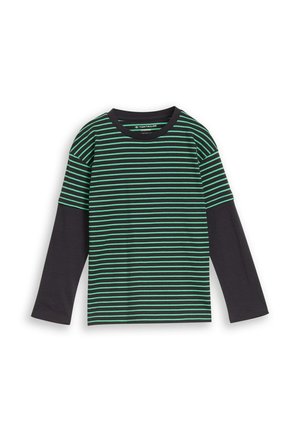 Langemouwen shirt met zwarte mouwen en een groen-zwart horizontaal gestreepte romp, ronde hals, plat liggend op een witte achtergrond.