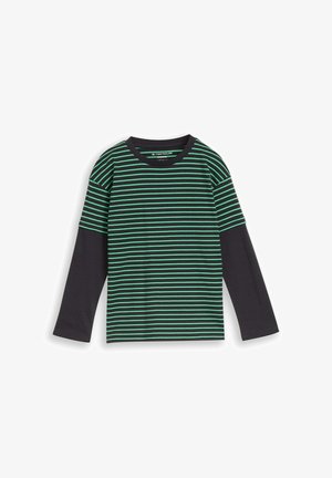 Langemouwen shirt met zwarte mouwen en een groen-zwart horizontaal gestreepte romp, ronde hals, plat liggend op een witte achtergrond.
