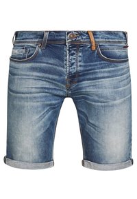Džínové kraťasy ve světle modré barvě s vybledlým vzhledem, s ohrnutými lemy, klasickým designem pěti kapes a koženým akcentem na pasu.