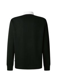 Polo de manga larga negro con cuello blanco, con textura acanalada y puños, mostrado desde atrás.