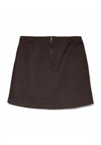 Mini gonna in corduroy marrone scuro con chiusura frontale a zip, orlo dritto e sottile texture a righe verticali.