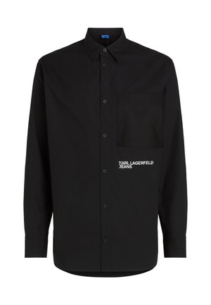 Camicia nera a maniche lunghe in cotone, con taschino a petto e scritta bianca "KARL LAGERFELD JEANS" sul lato sinistro.