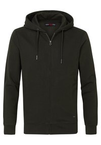 Felpa zip in verde scuro realizzata in morbido misto cotone, con cappuccio regolabile, maniche lunghe e polsini e orlo a coste.