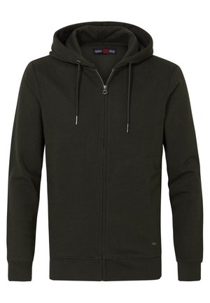 Hanorac verde închis cu fermoar, fabricat dintr-un amestec moale de bumbac, având glugă cu șnur, mâneci lungi și manșete și tiv cu nervuri.