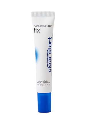 Tube Dermalogica Clear Start Post-Breakout Fix avec corps blanc, bouchon bleu et texte indiquant un produit de traitement de l'acné.