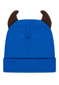 Berretto blu in maglia con risvolto a coste, decorato da due corti accenti a forma di corna marroni sulla parte superiore. Tessuto morbido e elastico con una texture liscia.