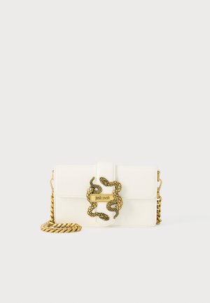 White leather clutch with gold double snake clasp and chain strap, rectangular shape, branded "Just Cavalli" on clasp.