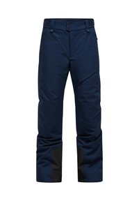 Navy blue ski pants featuring a smooth texture, adjustable waist with Velcro, and black accents on lower legs for durability and style.