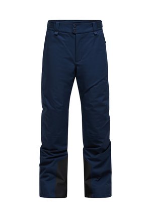 Marineblaue Skihosen mit glatter Textur, verstellbarem Bund mit Klettverschluss und schwarzen Akzenten an den Unterschenkeln für Langlebigkeit und Stil.