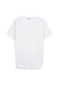 T-shirt bianco a maniche corte con superficie texturizzata, scollatura rotonda e orlo a costine, realizzato in un tessuto leggero.