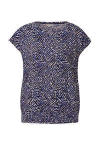 Top a maniche corte con motivo geometrico blu e crema, realizzato in tessuto leggero; presenta una vestibilità comoda e un orlo arricciato.