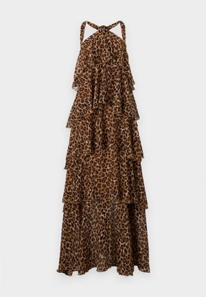 Leopardprint maxi-jurk met een halternek, voorzien van gelaagde ruches, zachte vloeiende stof en een kleurenpalet van bruin en crème.
