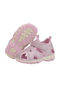 Glittriga rosa sandaler med en andningsbar design, justerbart rem och strukturerad vit sula med ett zickzackmönster för grepp.