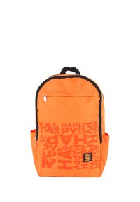 Orange backpack featuring black accents and a front pocket. Repeated "HAPPY" text pattern. Material appears durable and lightweight.