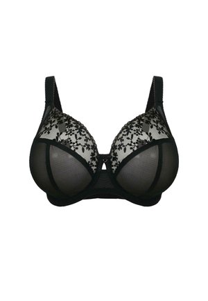 Zwarte beha met een transparante bovenkant van kant met bloemmotieven, gevormde cups, onderbekleding voor ondersteuning en verstelbare bandjes. Glad textuur van de stof.