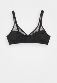 Svart trådløs bh med mesh-paneler, trekantet form, justerbare stropper og glatt stoff med minimal sømdetalj.
