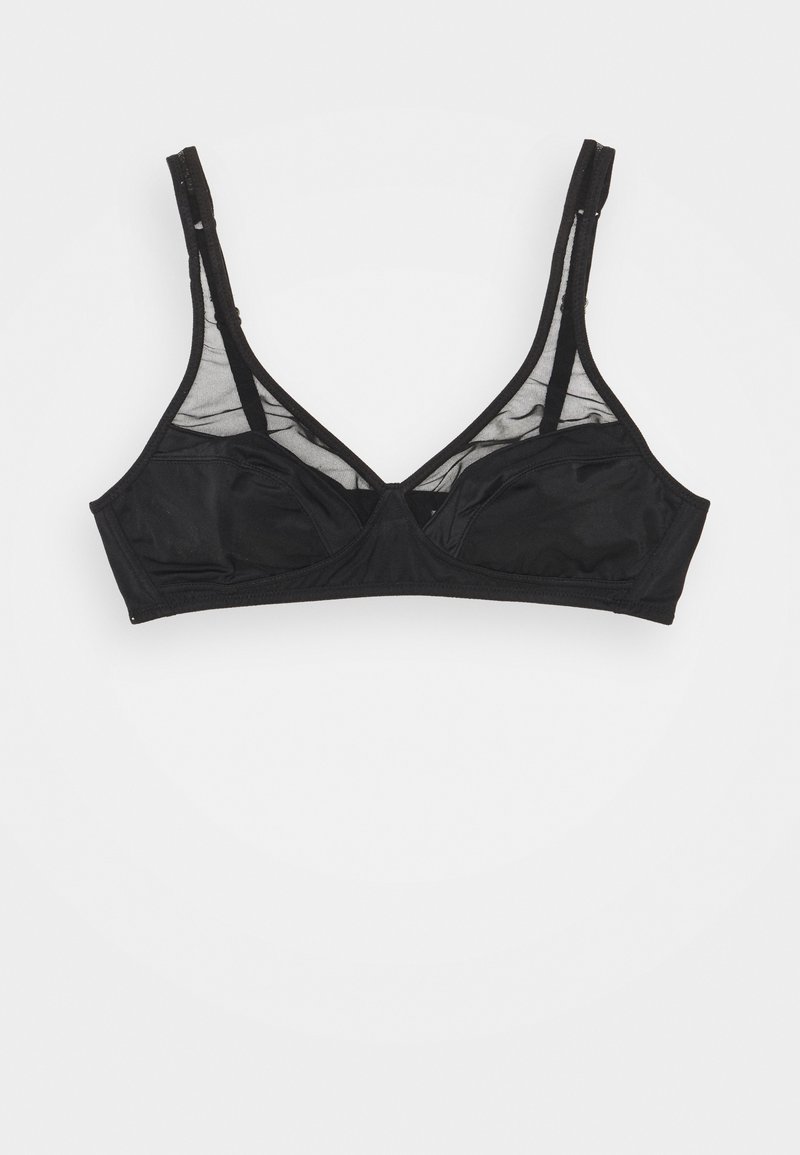 Svart trådløs bh med mesh-paneler, trekantet form, justerbare stropper og glatt stoff med minimal sømdetalj.