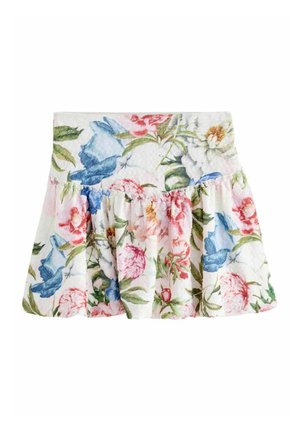 Gonna floreale con un mix di fiori rosa, blu e verdi su uno sfondo bianco, con orlo arricciato e vita elasticizzata.