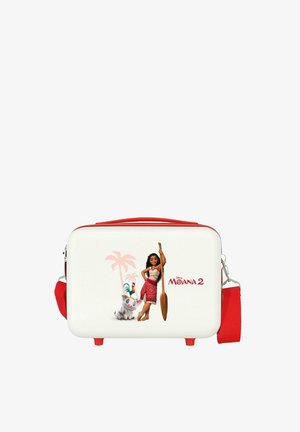 Pequeña bolsa rectangular blanca y roja con la imagen de Moana, un cerdo y un gallo con palmeras y texto "Moana 2" en la parte frontal.