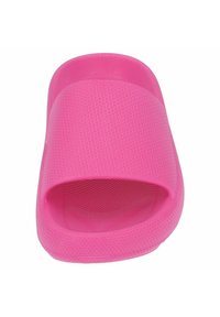 Rosa Rutschsandale mit strukturierten Oberflächen, offener Zehenpartie und breitem Riemen. Hergestellt aus flexiblem Material, mit einem hexagonalen Muster für besseren Halt.