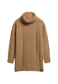 Strickpullover mit Rollkragen in Hellbraun, ausgestattet mit einem Zopfstrickmuster und Rippdetails am Kragen und an den Bündchen. Lockere Passform.