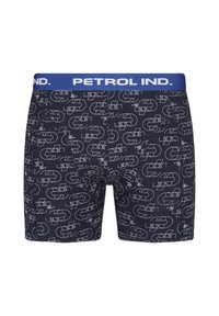 Meripura kuukerrat tummansiniset boxerit, joissa on valkoinen geenomittakuvio, sinisen joustavyöhykkeen, jossa lukee "PETROL IND." Pehmeä puuvillakangas.