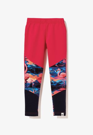 Legginsy dziecięce w jasnoróżowym kolorze z wzorzystymi dolnymi panelami przedstawiającymi flamingi oraz geometryczne kształty w kolorach niebieskim, fioletowym i czarnym.