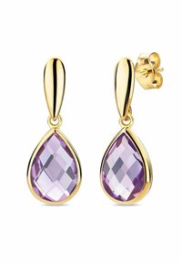 Aukso tono kabančios auskarai su ašaros formos levandų spalvos facetuotais akmenimis. Lygi apdaila ir tvirtas užsegimas.