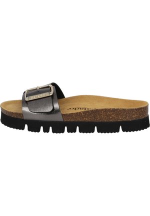 Black and metallic gray slide sandal with a wide strap, large adjustable buckle, cork footbed, and textured black rubber outsole.