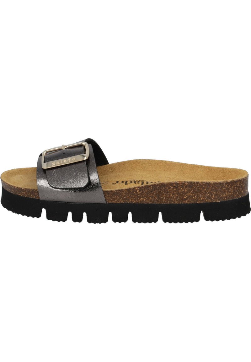 Black and metallic gray slide sandal with a wide strap, large adjustable buckle, cork footbed, and textured black rubber outsole.