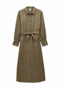 Krekls ar pogām, izgatavots no ķemmētas auduma, ar br�ūnu un bēšu pārbaudītu rakstu, garām piedurknēm un atbilstošu jostu ap vidu.