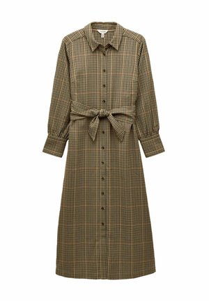 Kleid aus Webstoff mit Button-Down-Kragen, das ein braun-beiges Karomuster aufweist, lange Ärmel hat und über einen passenden Gürtel in der Taille verfügt.