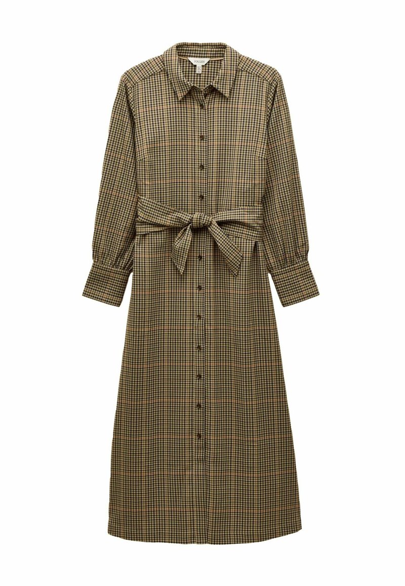 Krekls ar pogām, izgatavots no ķemmētas auduma, ar brūnu un bēšu pārbaudītu rakstu, garām piedurknēm un atbilstošu jostu ap vidu.