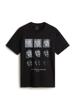 Schwarzes Baumwoll-T-Shirt mit einem grafischen Druck von skulptierten Gesichtern in Weiß, Rundhalsausschnitt und kurzen Ärmeln. Mit Siebdrucktext.