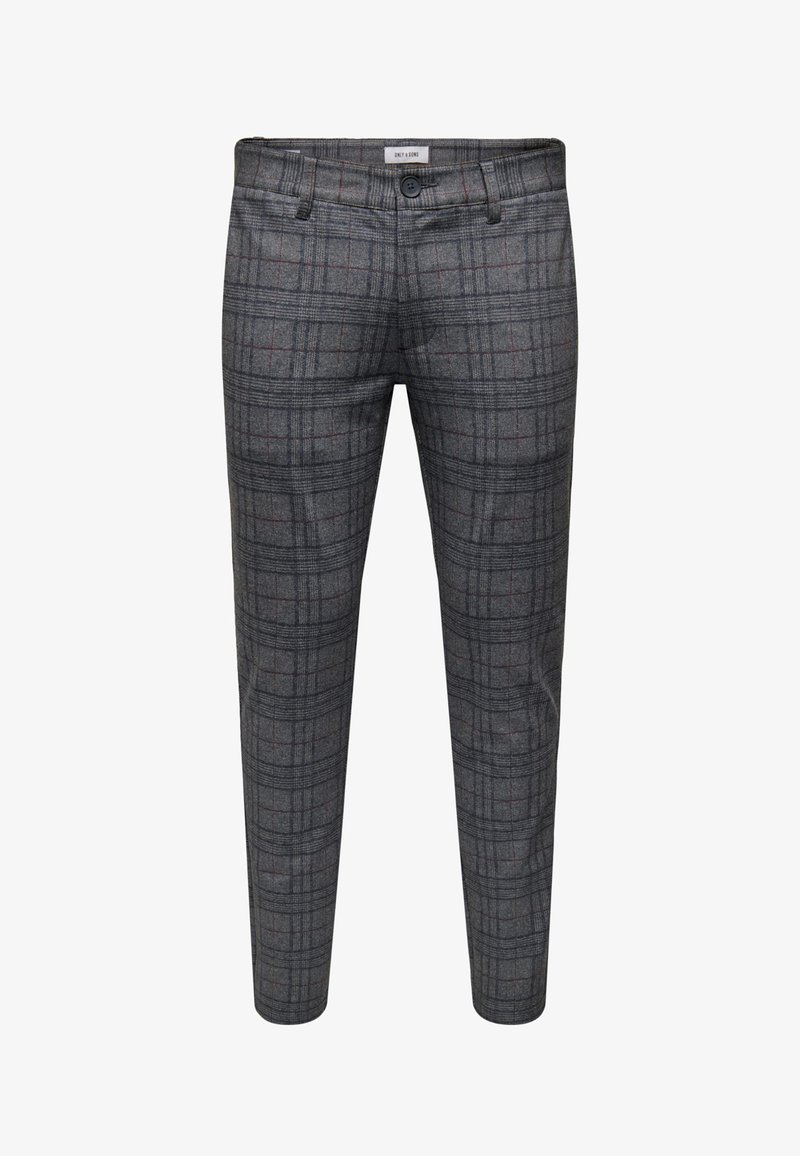 Pantalon gris à carreaux avec un subtil motif tartan rouge et noir, doté d'une fermeture à bouton et de passants de ceinture, en tissu tissé.