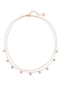 Rose gold necklace with two delicate chains featuring textured round pendants evenly spaced along the length. Adjustable clasp with heart charm.