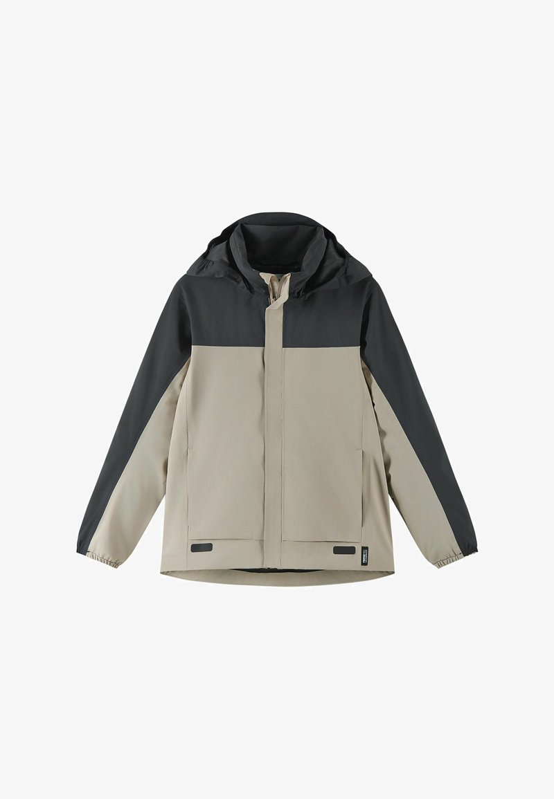 Veste légère bicolore en beige et noir, dotée d'une capuche, d'une fermeture éclair, de poignets élastiques et de deux poches avant. Texture lisse.