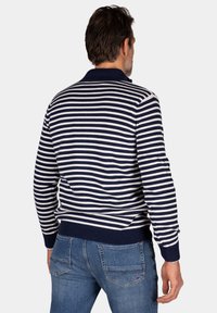 Geweven gestreepte trui in marineblauw en wit met een kraag, geribbelde manchetten en onderrand. Draag met blauwe spijkerbroeken, gezien vanaf de achterkant.