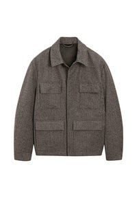 Grå uldjakke med krave, fire forlommer og en tekstureret overflade. Har lukning med knapper og et lige snit.